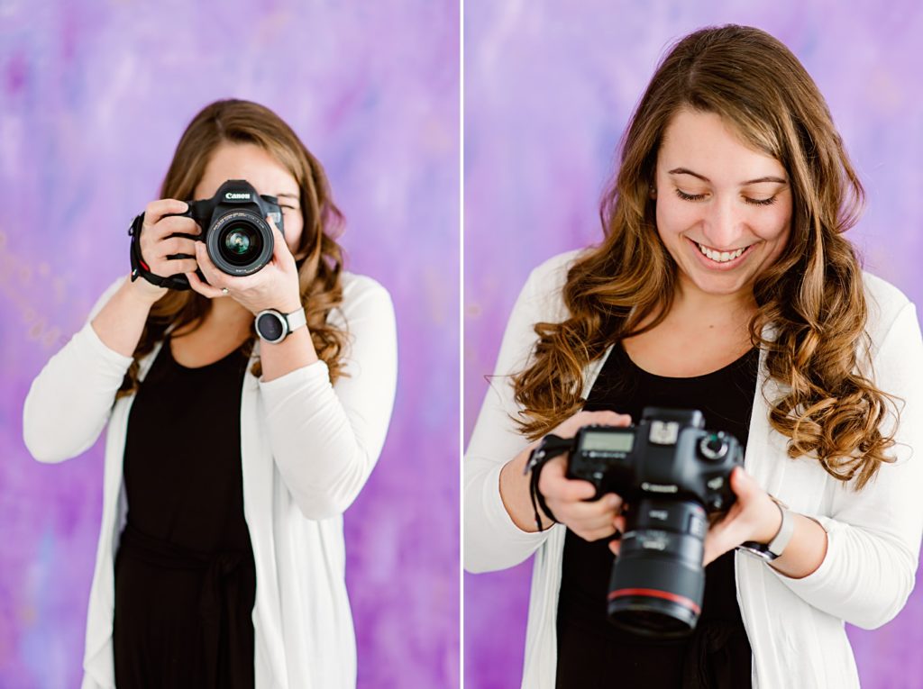MN Branding Photography of a wedding photographer standing in front of a hand painted purple background | Amber Langerud Photography