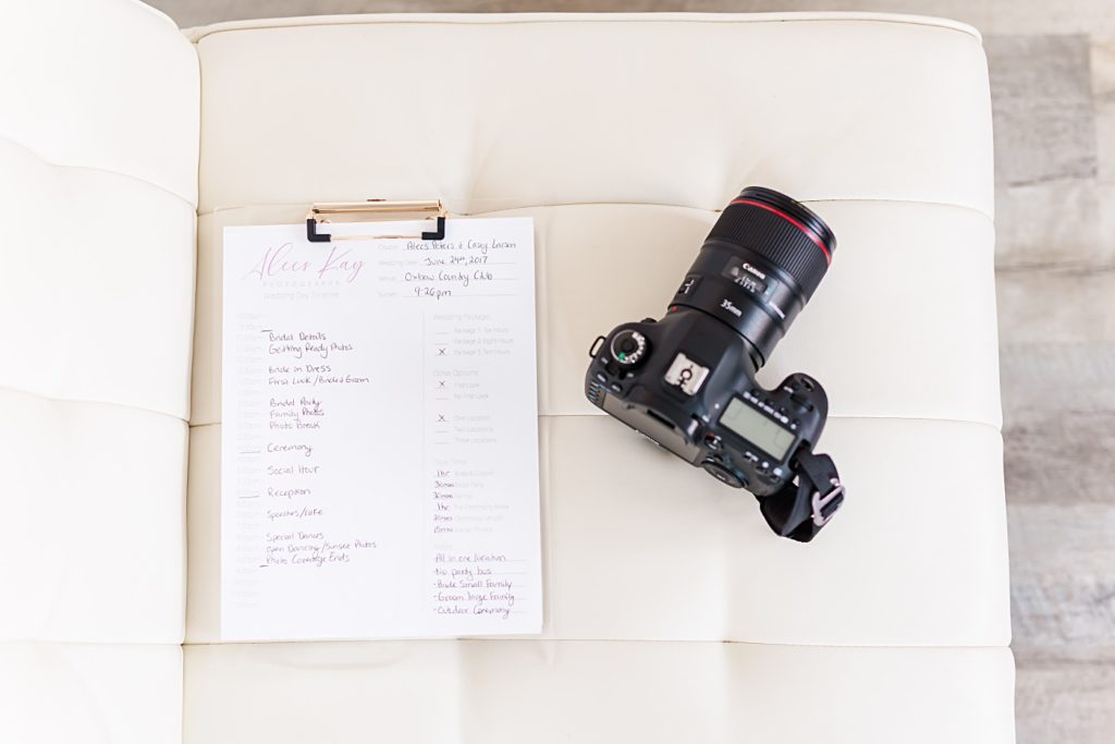Wedding Vendor Brand Photography Session Detail photo of camera and wedding timeline