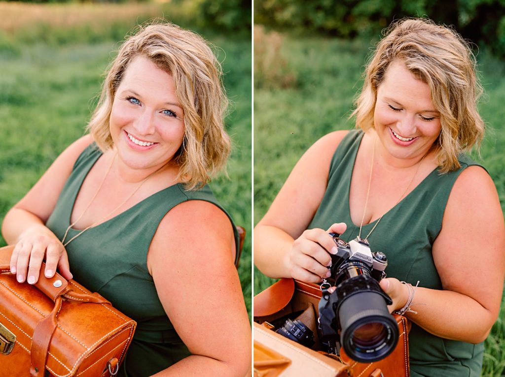 Wedding Photographer holding camera bag and camera headshot | Amber Langerud Photography