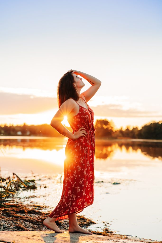 High School Senior Photo at Sunset in front of a Lake in a Dress | Amber Langerud Photography
