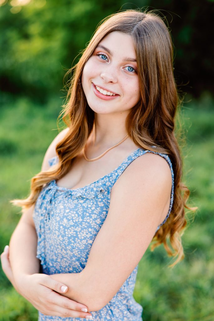 Minnesota high school senior headshot of girl in blue dress | Amber Langerud Photography