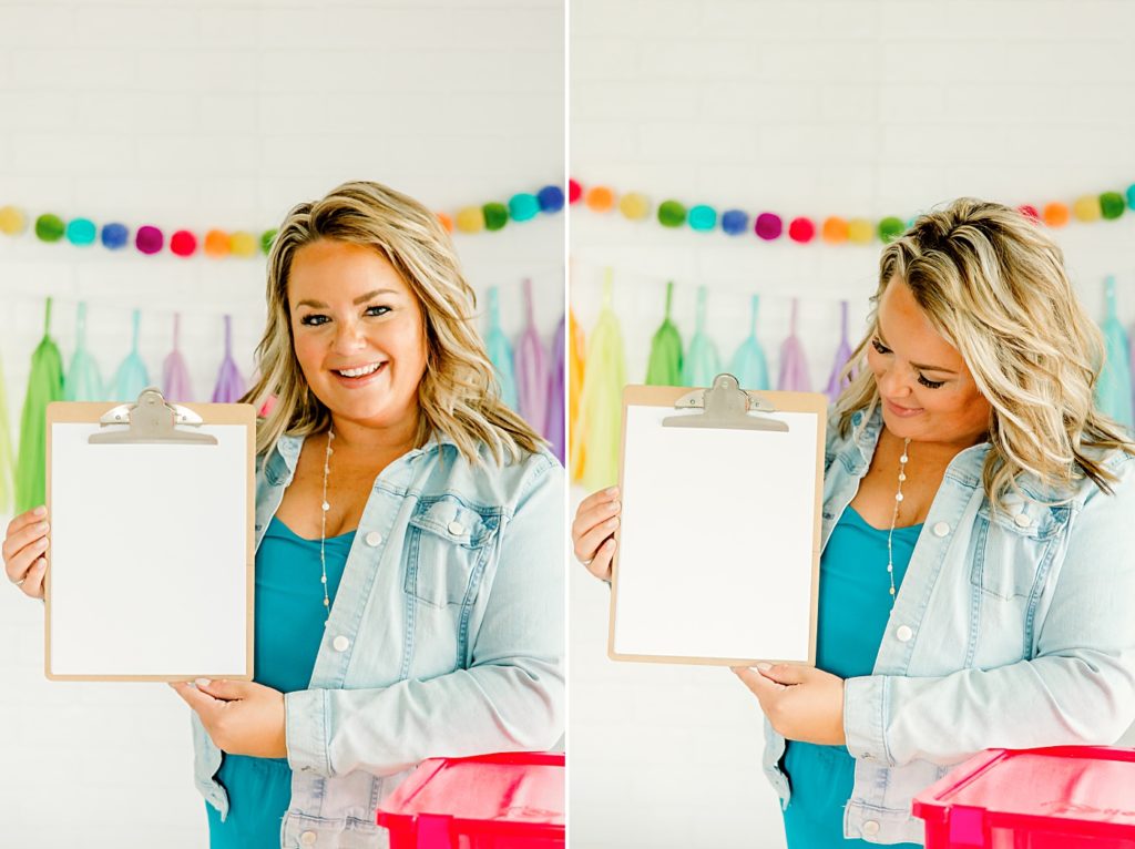 brand photography session for a teacher influencer, holding a clipboard 