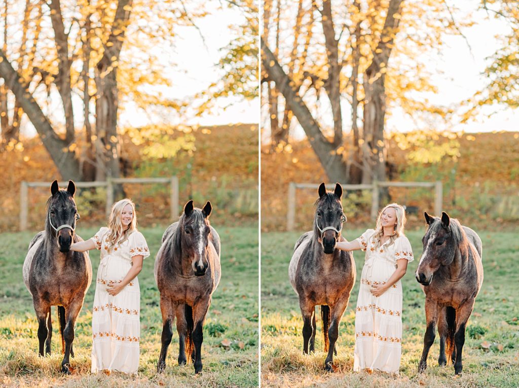 maternity pictures with two horses at sunset
