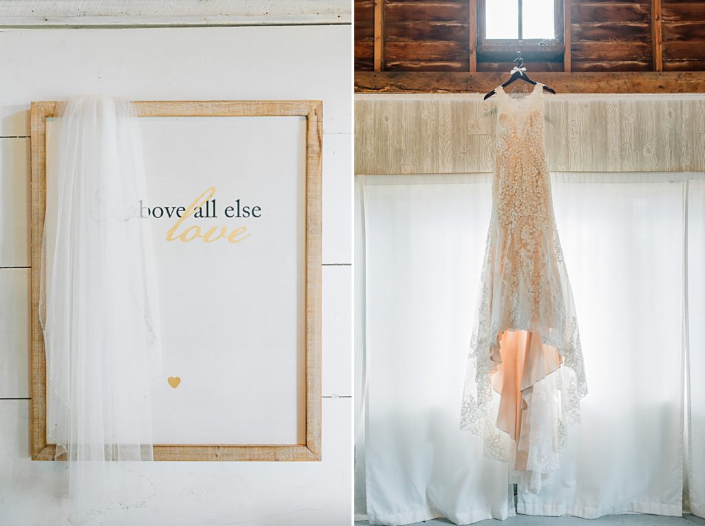 Wedding dress hanging in barn at dunvilla bridal suite