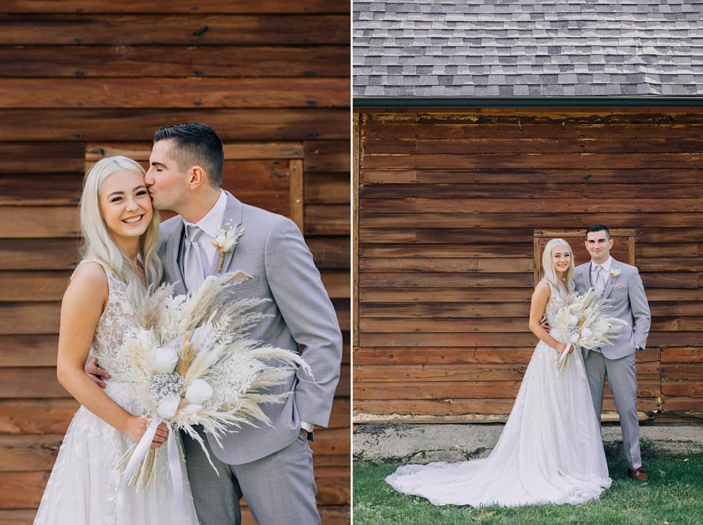 bride and groom portraits in front of rustic building at The Hitching Post 