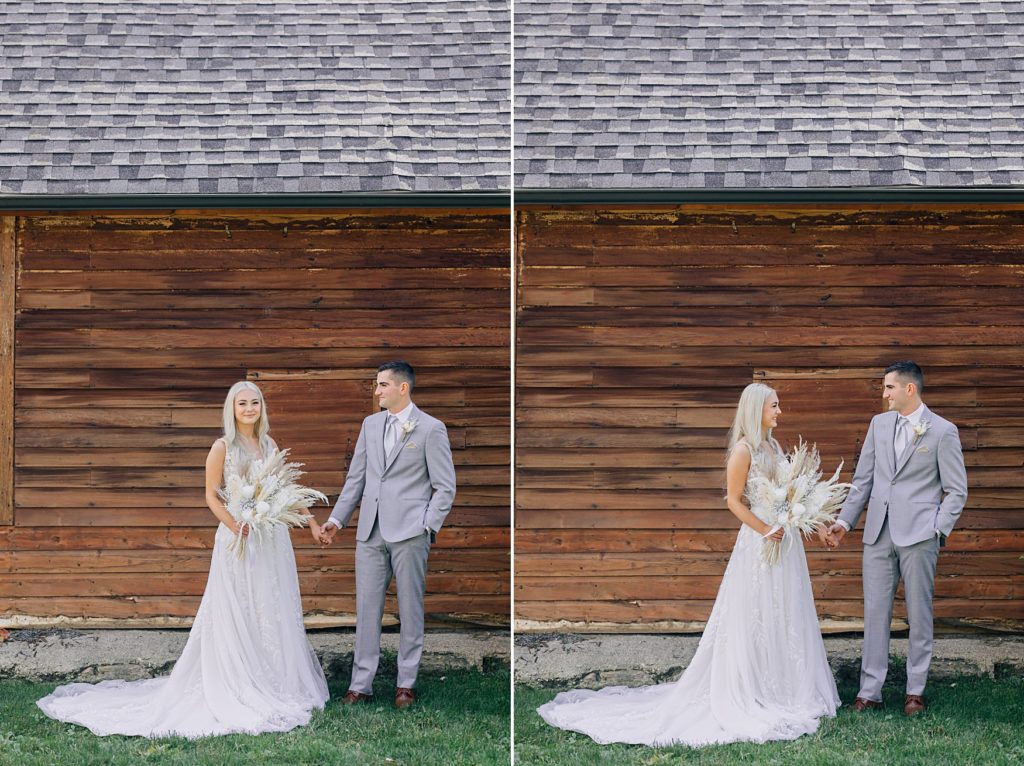 Bride and Groom Portraits with Rustic Wood Background