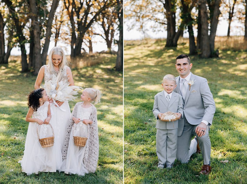 Ring bearer and flower girls with groom and bride