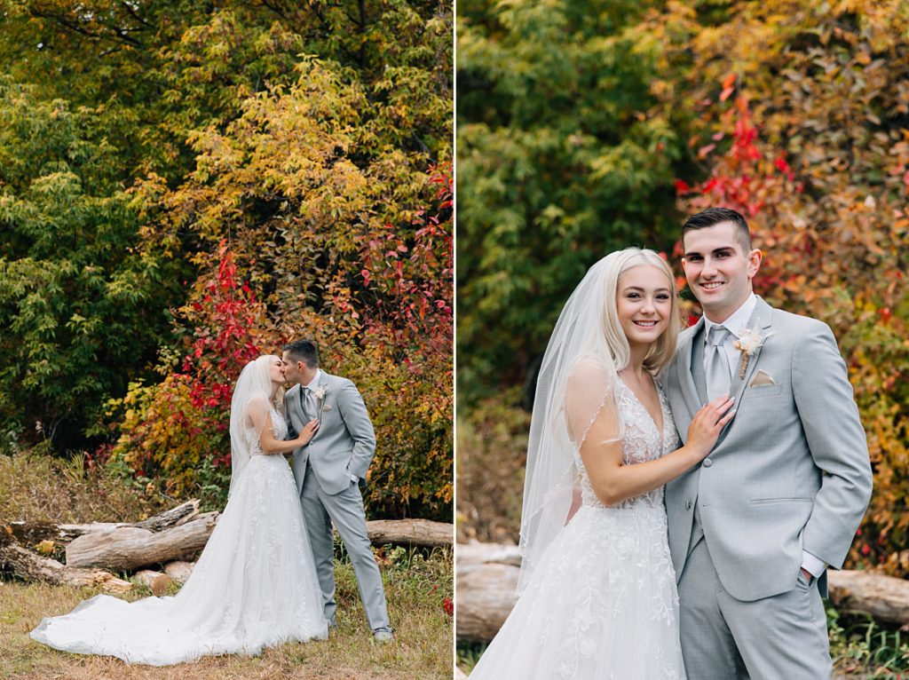 Bride and groom fall, just married portraits