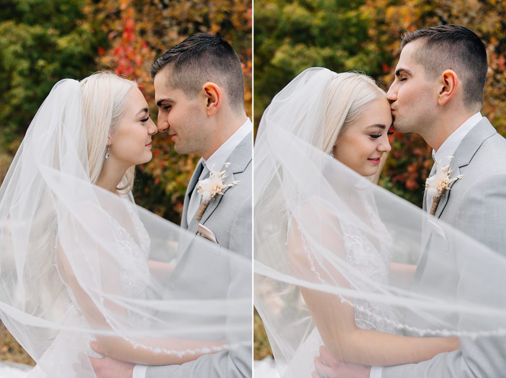 Bride and groom veil portraits at the hitching post mn