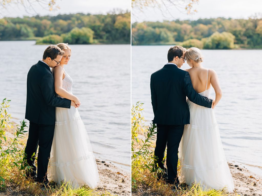 bride and groom looking over the lake at Willmar, MN Stonewall Farms Wedding