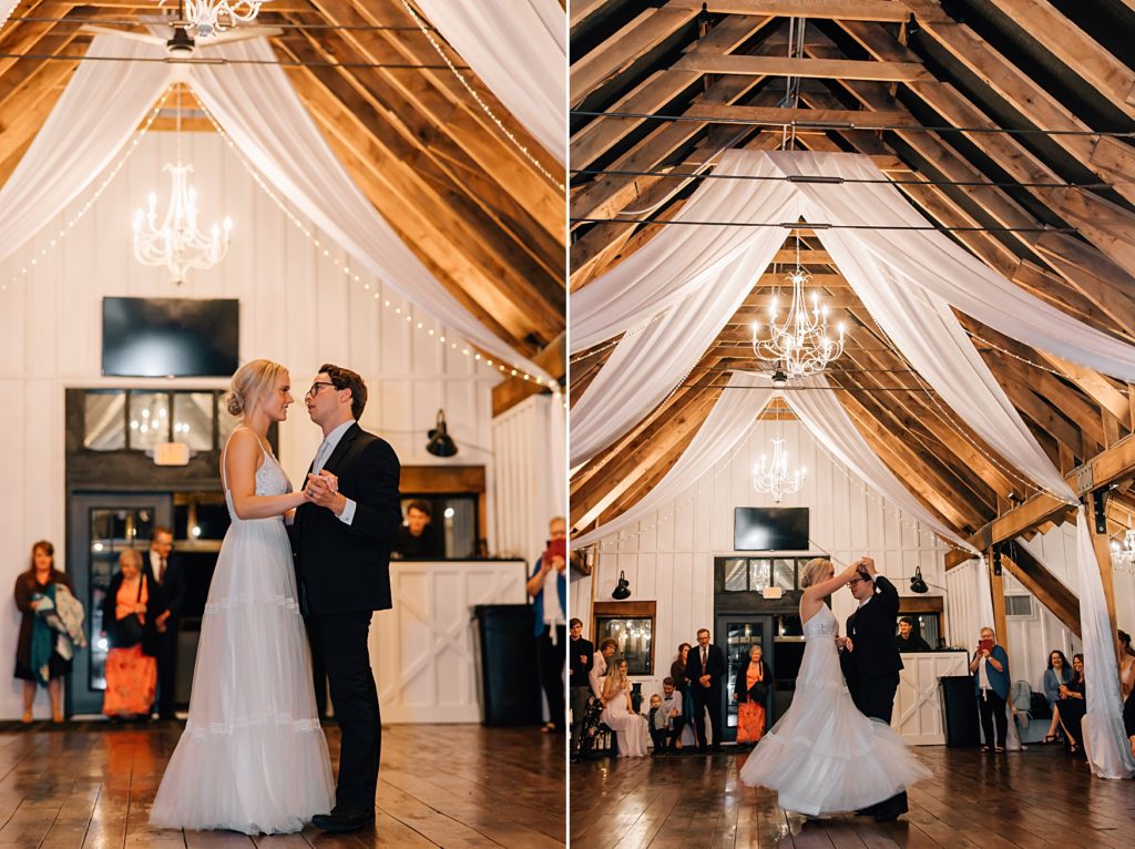 bride and groom first dance at barn wedding