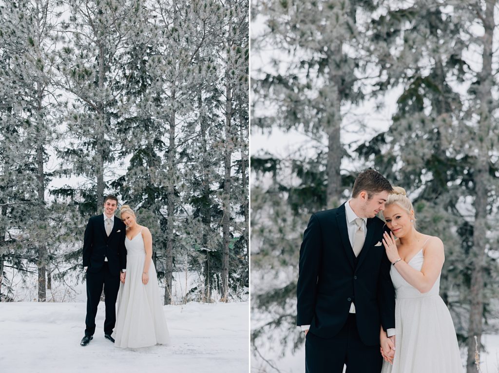 Bride and groom portraits in front of the pine trees