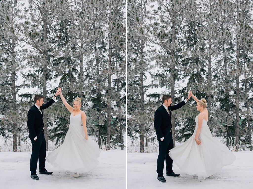 Bride and groom dancing in the snow at Timbers Event Center in Staples, MN