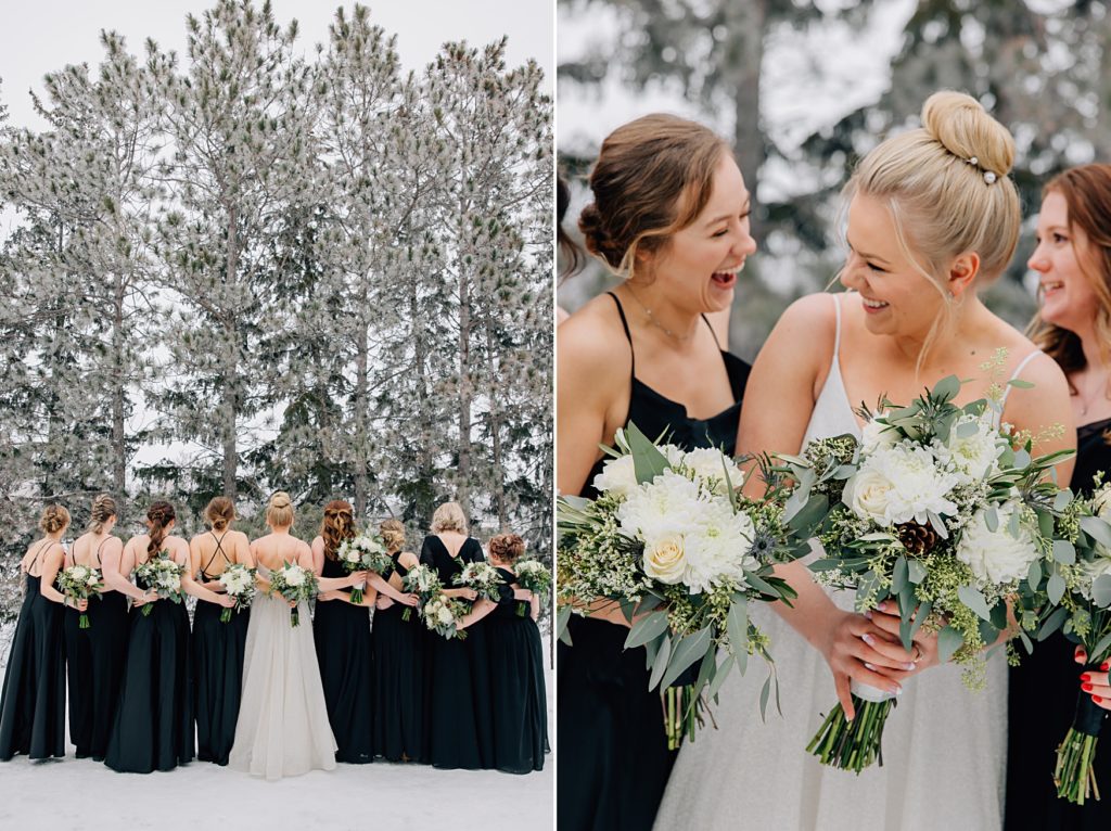 Bridesmaids posed in the snow in front of pine trees at the Timbers Event Center in Staples, MN