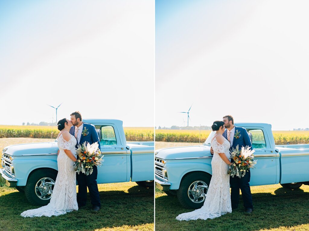 bride and groom portrait with 11966 blue pickup