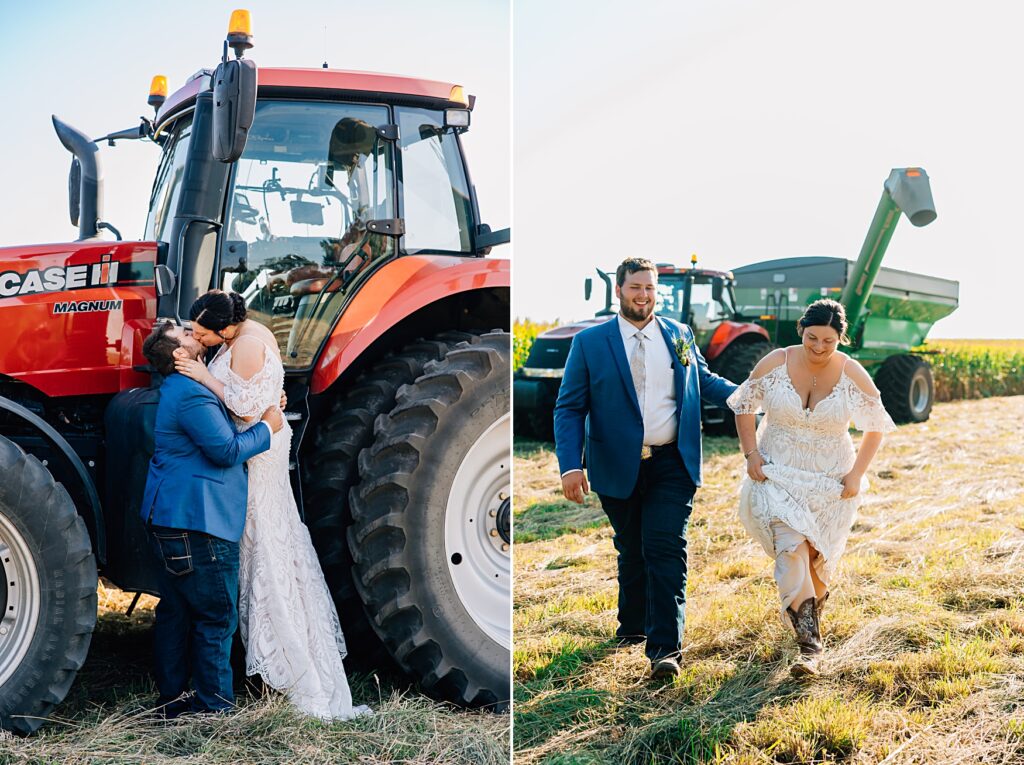 bride and groom kissing next to tractor