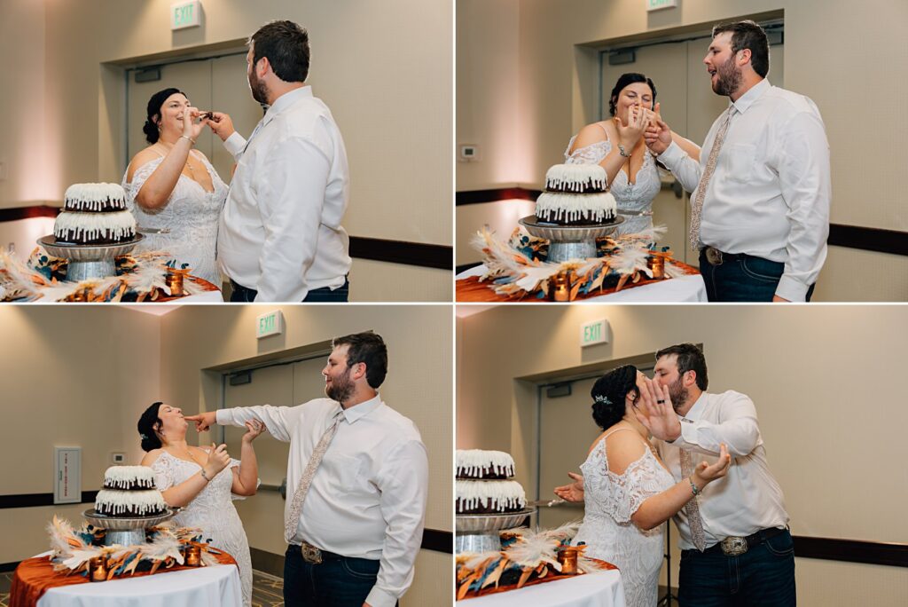 bride and groom cutting cake at Worthington MN wedding venue