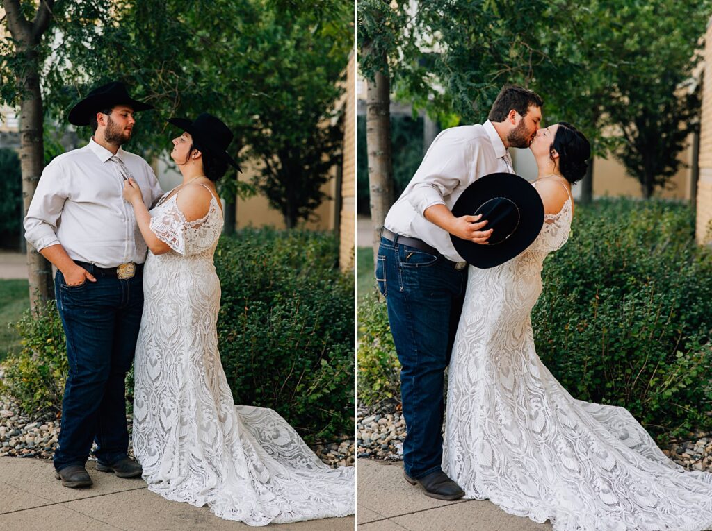 bride and groom wearing black cowboy hats