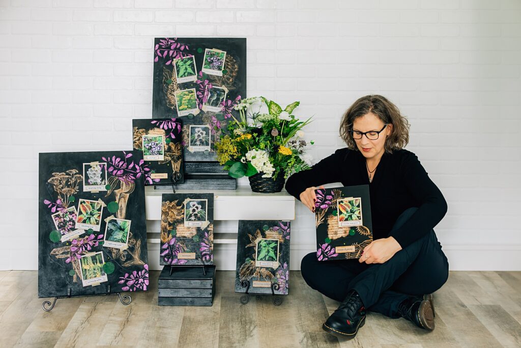 Artist, One Strange Farm Girl sitting among her Wicked Plants Art Collection