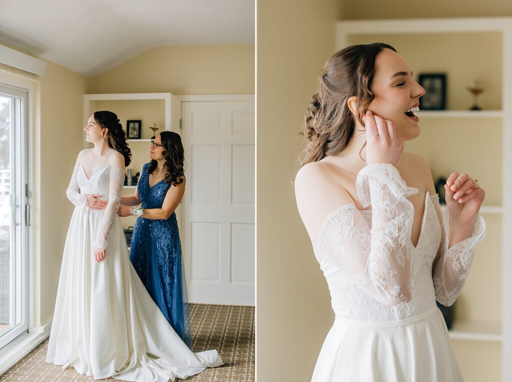 Bride putting in earrings at the Lafayette Club in Minnetonka Beach, MN