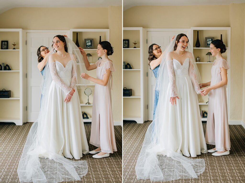 Bride getting veil put in at the Lafayette Club in Minnetonka Beach, MN