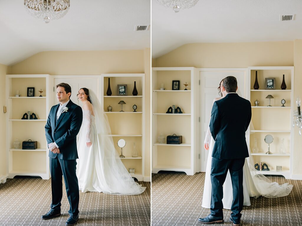 First look with the groom at the Lafayette Club in Minnetonka Beach, MN