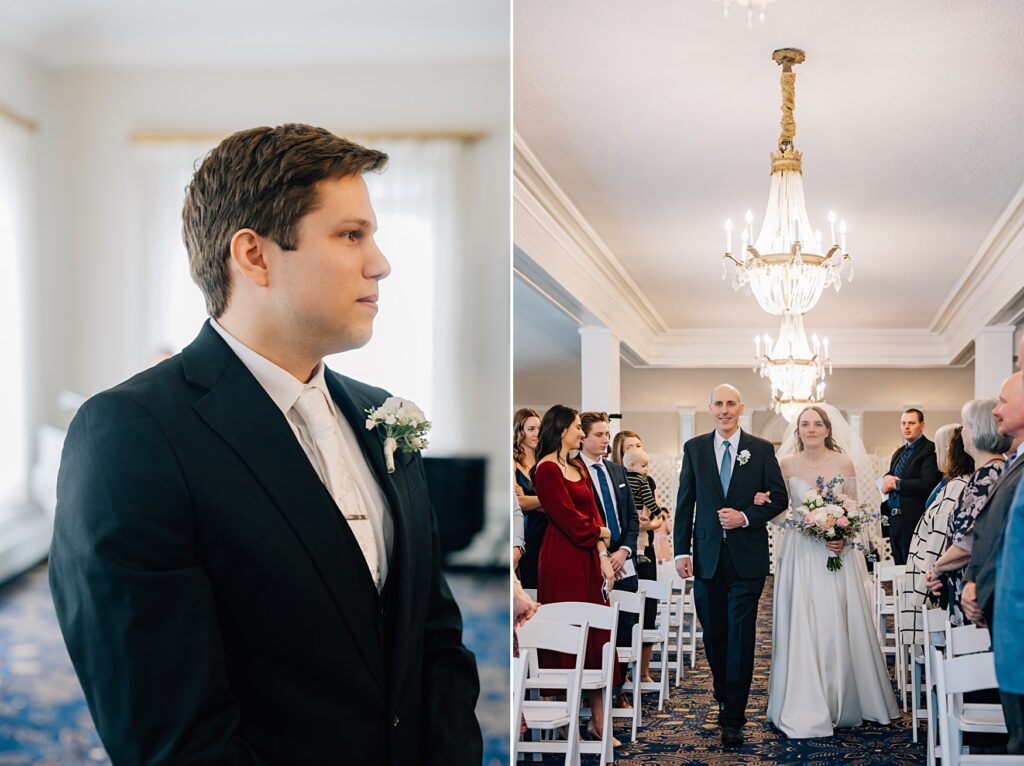 Bride walking down the aisle at the Lafayette Club in Minnetonka Beach, MN