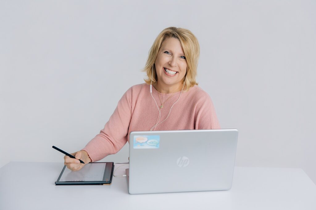 Brand photography session showing Monica McConkey in a relaxed, professional environment